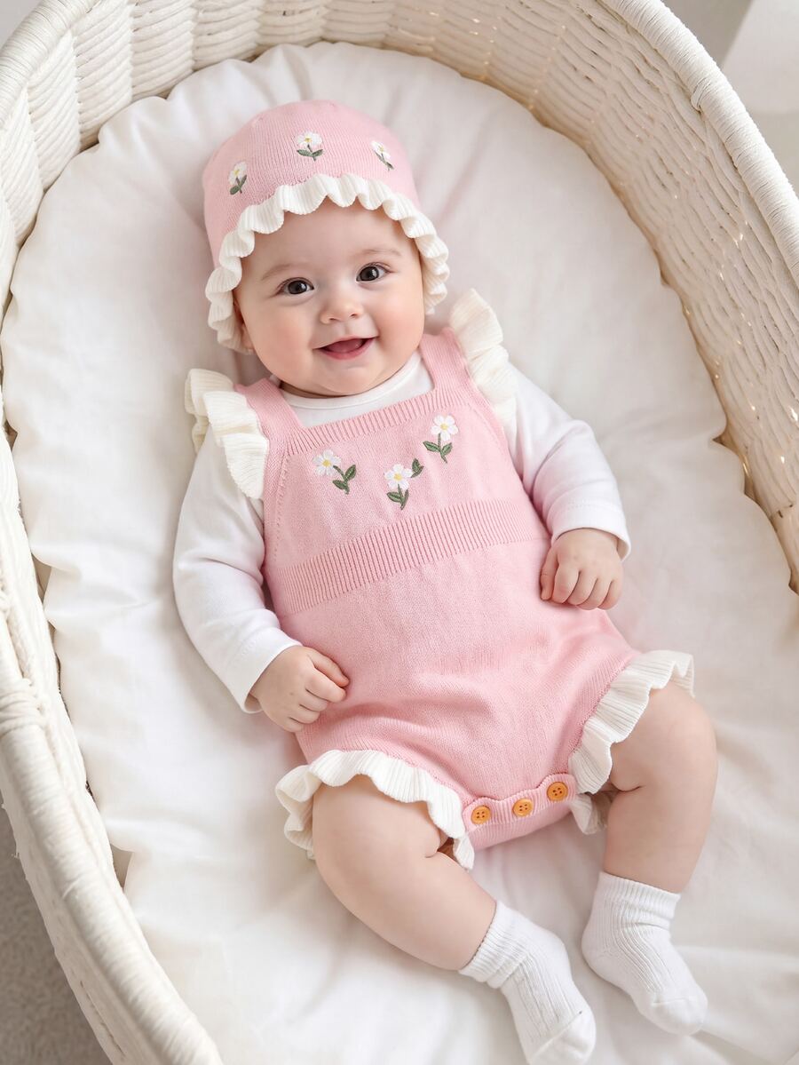 SHEIN LMoss Kids 女嬰新生兒小碎花針織秋季連身衣,拼色設計,蕾絲飾邊,適合滿月、生日及其他場合,連身衣+帽子 2件套 - 粉色 - 查看 1