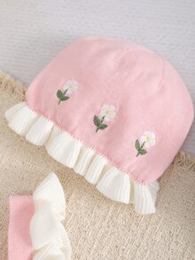 SHEIN LMoss Kids 女嬰新生兒小碎花針織秋季連身衣，拼色設計，蕾絲飾邊，適合滿月、生日及其他場合，連身衣+帽子 2件套 - 粉色 - 查看 4