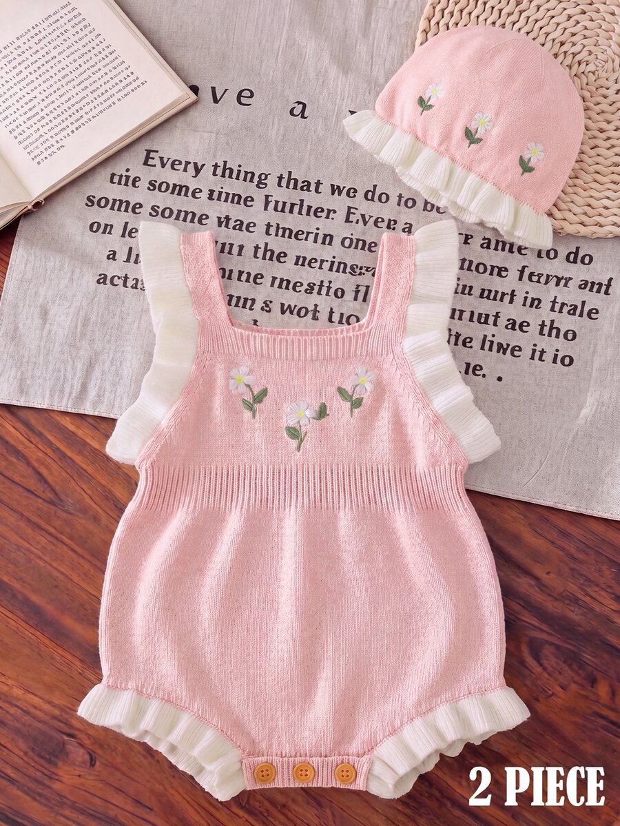 SHEIN LMoss Kids Baby Girl Newborn Ditsy Floral Knit Autumn Romper, Colorblock, Lace Trim, Suitable For Full , Birthday And Other Occasions, Romper + Hat 2pcs Set - Pink - View 1