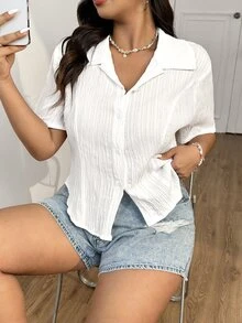 CovetEZ Plus Size Women Wave Jacquard Front Button Casual Solid Color Short Sleeve Slim Fit Blouse, Spring/Summer - White - View 5