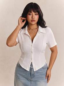 CovetEZ Plus Size Women Wave Jacquard Front Button Casual Solid Color Short Sleeve Slim Fit Blouse, Spring/Summer - White - View 1
