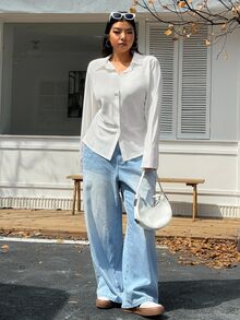 CovetEZ Plus Size Front Button Closure Waist Cinched White Long Sleeve Shirt Fall - White - View 7