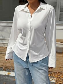 CovetEZ Plus Size Front Button Closure Waist Cinched White Long Sleeve Shirt Fall - White - View 5