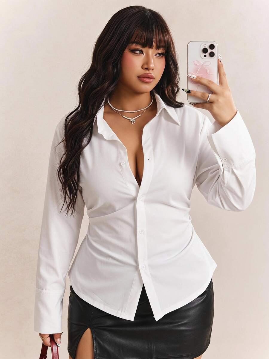 CovetEZ Plus Size Front Button Closure Waist Cinched White Long Sleeve Shirt Fall - White - View 1