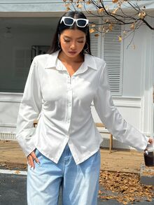 CovetEZ Plus Size Front Button Closure Waist Cinched White Long Sleeve Shirt Fall - White - View 3