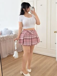 CovetEZ 大码女式高腰格子百褶A字裙，休闲学院风 - 粉色 - 查看 5