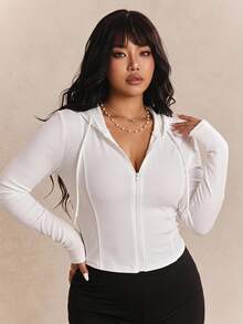 CovetEZ Black Solid Color Full Zip Hooded Casual Everyday Plus Size Jacket Fall - White - View 1