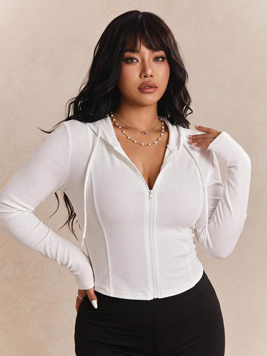 CovetEZ Black Solid Color Full Zip Hooded Casual Everyday Plus Size Jacket Fall - White - View 1