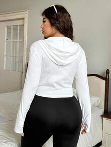CovetEZ Black Solid Color Full Zip Hooded Casual Everyday Plus Size Jacket Fall - White - View 2
