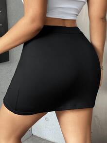 CovetEZ Plus Size Women's Solid Color Simple Daily Wear Slim-Fit Pencil Skirt Fall - Black - View 3