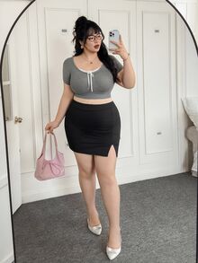 CovetEZ Plus Size Women's Solid Color Simple Daily Wear Slim-Fit Pencil Skirt Fall - Black - View 9