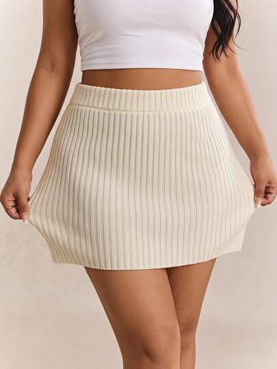 CovetEZ Plus Size Sexy Beige Knitwear Bodycon Short Rib-Knit Striped Sweater Skirt
