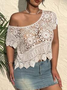 CovetEZ Plus Size Summer Vintage Crochet Knit Loose Blouse - Beige - View 5
