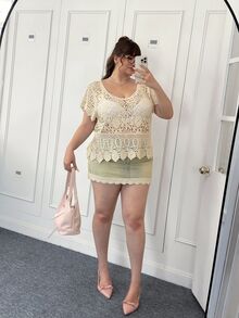 CovetEZ Plus Size Summer Vintage Crochet Knit Loose Blouse - Beige - View 9