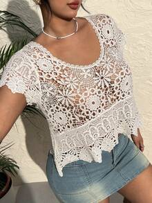 CovetEZ Plus Size Summer Vintage Crochet Knit Loose Blouse - Beige - View 3