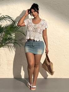 CovetEZ Plus Size Summer Vintage Crochet Knit Loose Blouse - Beige - View 6
