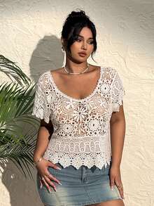 CovetEZ Plus Size Summer Vintage Crochet Knit Loose Blouse - Beige - View 4