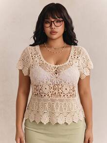 CovetEZ Plus Size Summer Vintage Crochet Knit Loose Blouse - Beige - View 1