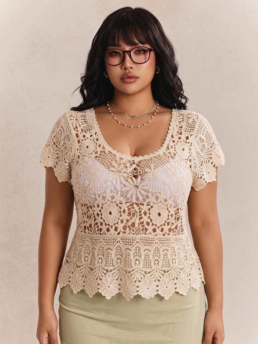CovetEZ Plus Size Summer Vintage Crochet Knit Loose Blouse - Beige - View 1