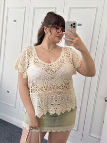 CovetEZ Plus Size Summer Vintage Crochet Knit Loose Blouse - Beige - View 8
