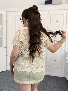 CovetEZ Plus Size Summer Vintage Crochet Knit Loose Blouse - Beige - View 2