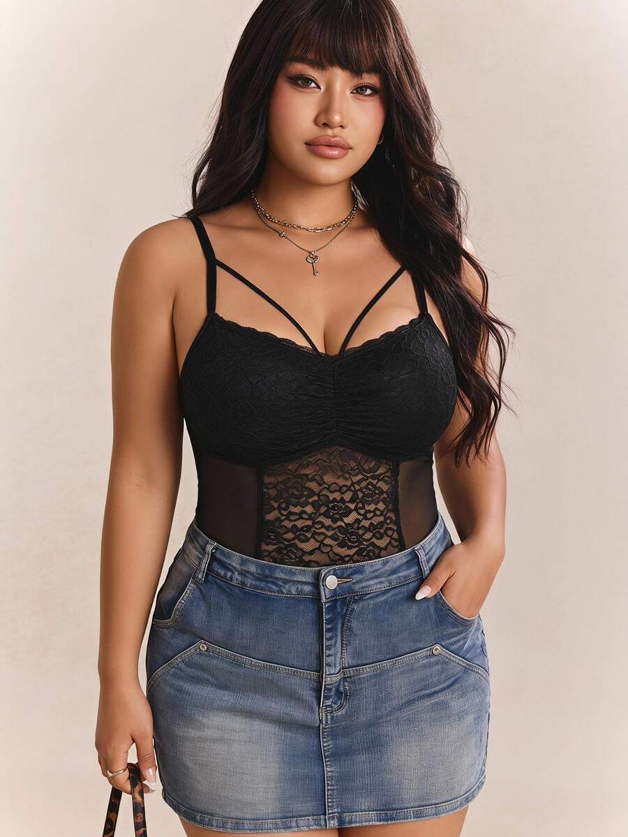 CovetEZ Plus Size Solid Color Sheer Lace Patchwork V-Neck Sleeveless Bodysuit, Spring/Summer  2026 New Arrival - Black - View 1