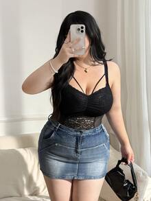 CovetEZ Plus Size Solid Color Sheer Lace Patchwork V-Neck Sleeveless Bodysuit, Spring/Summer  2026 New Arrival - Black - View 5