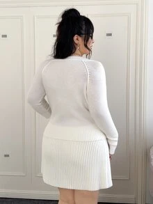 CovetEZ 女士加大码V领长袖麻花针织休闲套头毛衣，通勤百搭，秋冬季穿着舒适 - 白色 - 查看 2