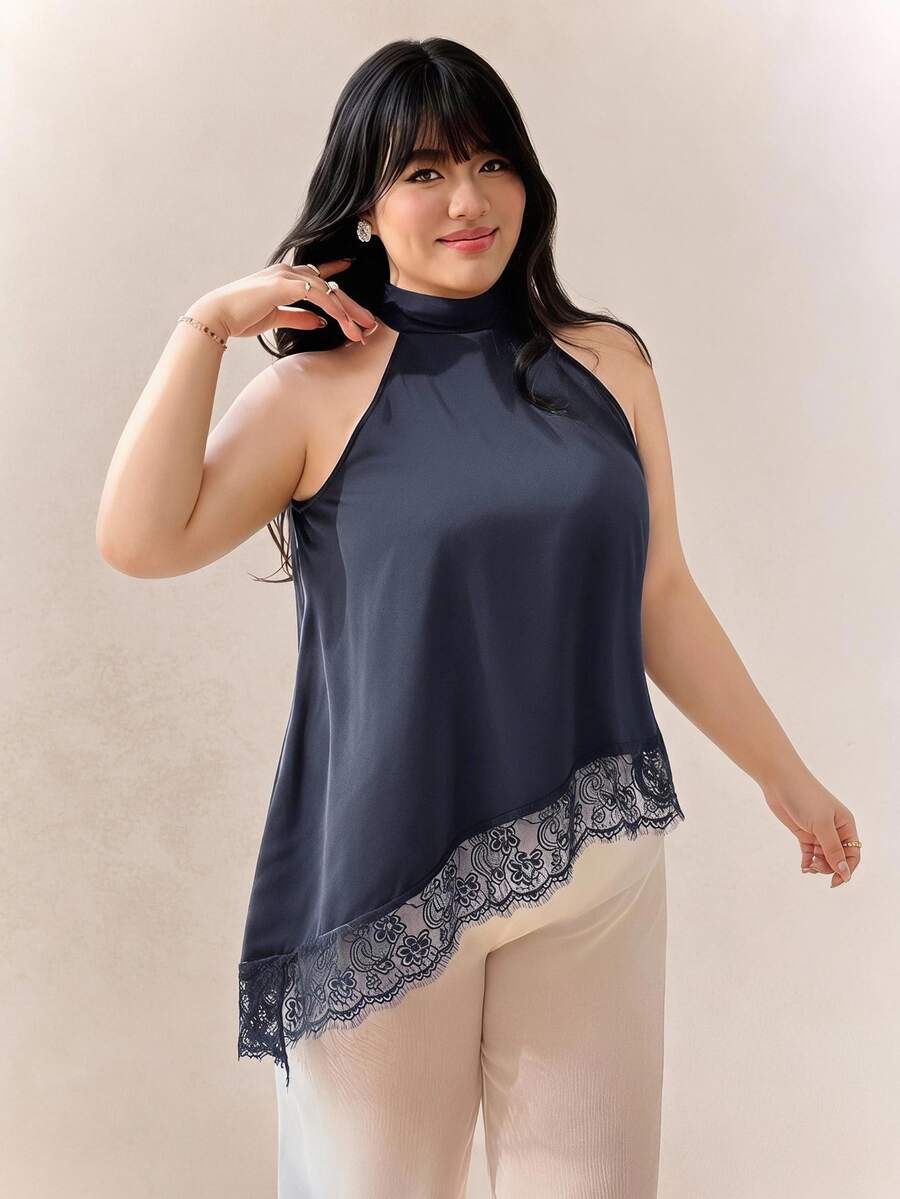 CovetEZ 大尺碼女款緞面蕾絲不對稱掛脖露背上衣,海軍藍,春/夏 - 寶藍色 - 查看 1