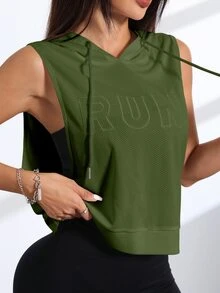 Eassivo Eassivo Letter Embroidery Sleeveless Hooded Sports Sweatshirt - Army Green - View 7