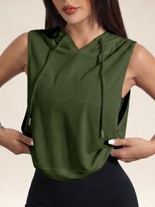 Eassivo Eassivo Letter Embroidery Sleeveless Hooded Sports Sweatshirt - Army Green - View 2