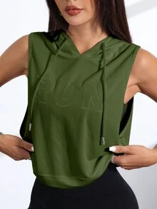 Eassivo Eassivo Letter Embroidery Sleeveless Hooded Sports Sweatshirt - Army Green - View 8