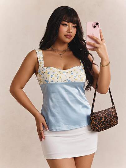 SHEIN EZwear Spring Summer Elegant Cute Floral Patchwork Contrast Color Back Waist Tie Casual Vacation Plus Size Camisole Tank Top Party Birthday Brunch Light Blue