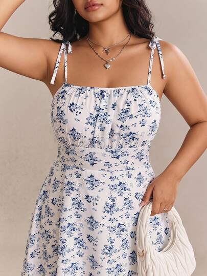 CovetEZ Women's Plus Size Summer Casual White Ditsy Floral Camisole Dress,Cute Curve Sundress For Picnic,Bachelorette Party Summer Outfit Short Sundress