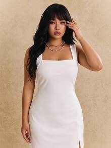 CovetEZ Plus Size Autumn White Overall Dress For Outerwear Party Brunch Brunch Elegant Fall - White - View 1