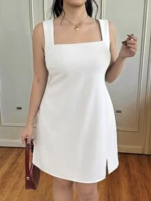 CovetEZ Plus Size Autumn White Overall Dress For Outerwear Party Brunch Brunch Elegant Fall - White - View 6