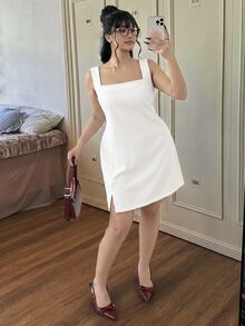 CovetEZ Plus Size Autumn White Overall Dress For Outerwear Party Brunch Brunch Elegant Fall - White - View 3