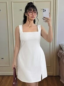 CovetEZ Plus Size Autumn White Overall Dress For Outerwear Party Brunch Brunch Elegant Fall - White - View 5
