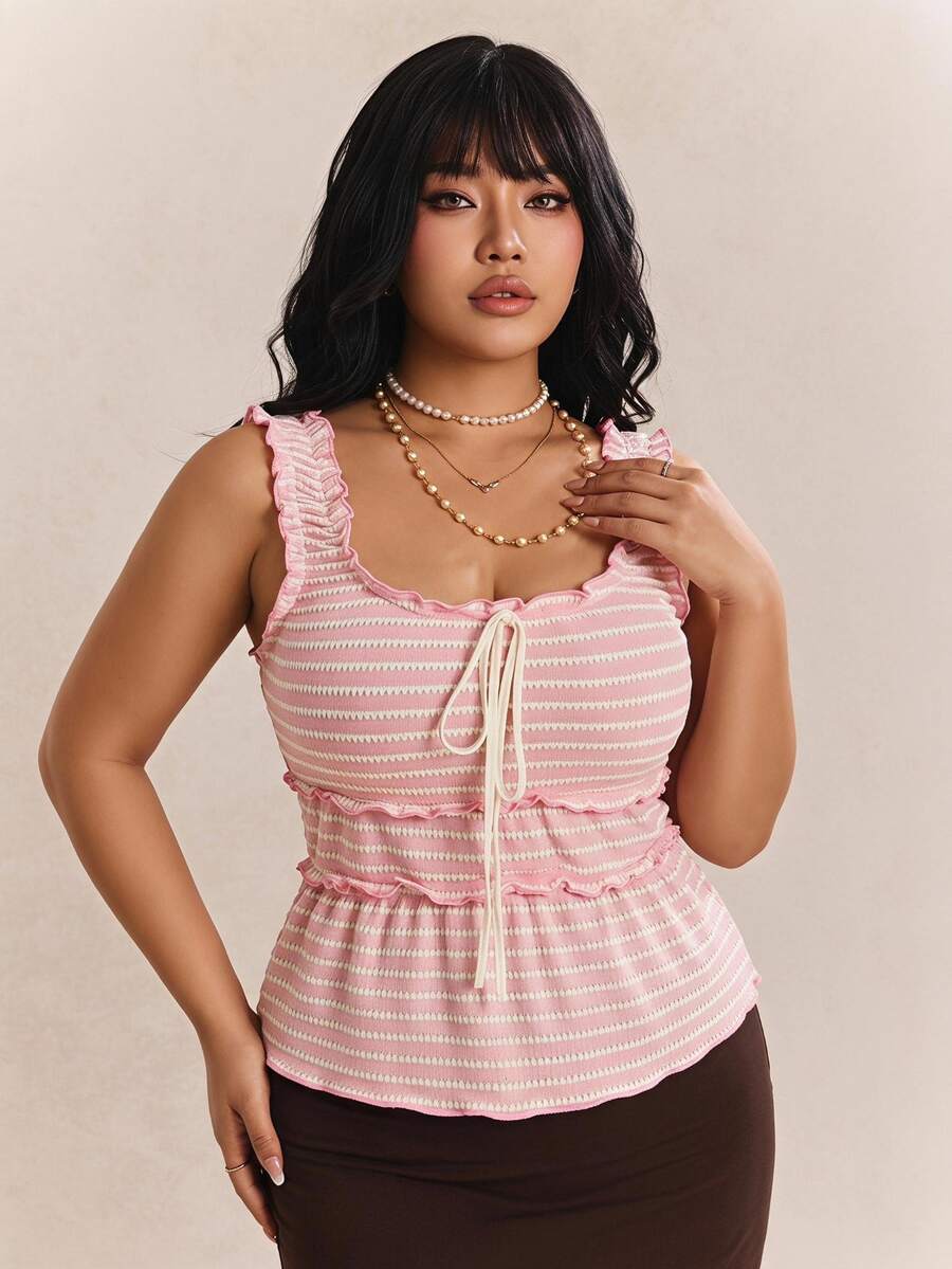 CovetEZ Camiseta sin mangas con volantes para vacaciones en talla grande - Rosa - Ver 1