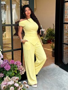 CovetEZ 两件套加大码女式提花休闲纯色不对称上衣和裤子套装，咖啡棕色，春夏款 - 黃色 - 查看 4