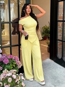CovetEZ 两件套加大码女式提花休闲纯色不对称上衣和裤子套装，咖啡棕色，春夏款 - 黃色 - 查看 5