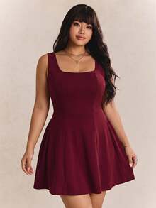 CovetEZ Casual Plus Size Red Plain Square Neck Short Jumpsuit With Zipper Detail - Red - View 1