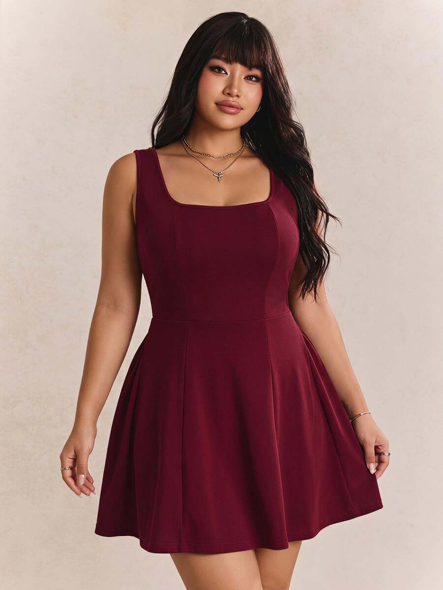 CovetEZ Casual Plus Size Red Plain Square Neck Short Jumpsuit With Zipper Detail - Red - View 1