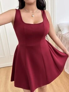 CovetEZ Casual Plus Size Red Plain Square Neck Short Jumpsuit With Zipper Detail - Red - View 4