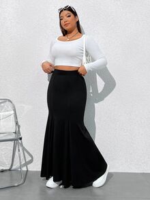 CovetEZ Plus Size High Waist Mermaid Hem Skirt Fall - Black - View 4