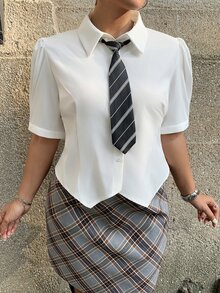 CovetEZ 大码休闲纯色泡泡袖收腰衬衫 - 白色 - 查看 5