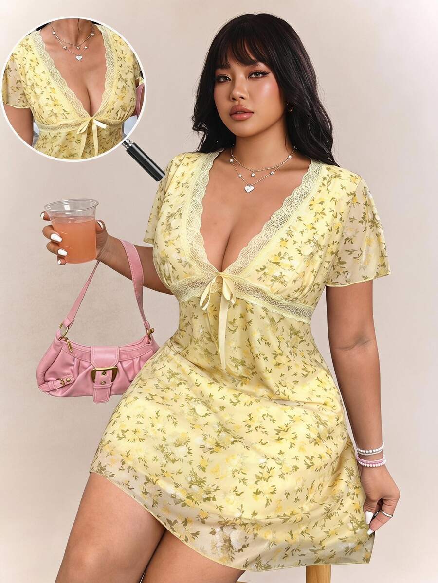 CovetEZ V-Neck Lace Patchwork Black Casual Dress, Spring/Summer - Yellow - View 1