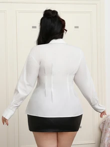 CovetEZ Plus Size Solid Color Front Button Long Sleeve Casual Shirt - White - View 2