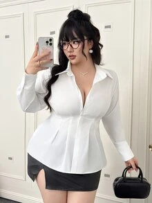 CovetEZ Plus Size Solid Color Front Button Long Sleeve Casual Shirt - White - View 4