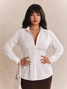 CovetEZ Plus Size Solid Color Front Button Long Sleeve Casual Shirt - White - View 1